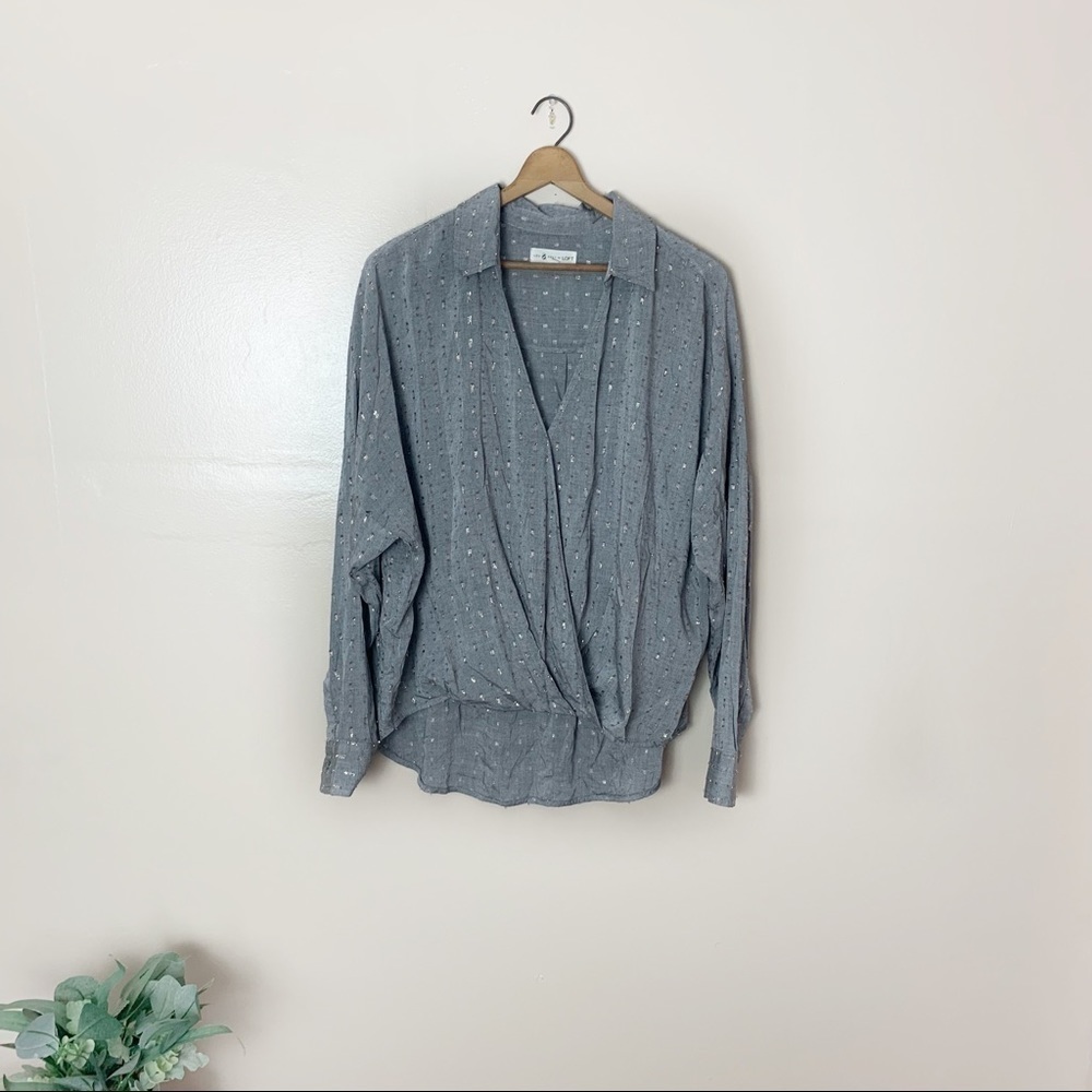 [Lou & Grey] LOFT Gray Silver Metallic Dot Print Faux Wrap Long Sleeve Top